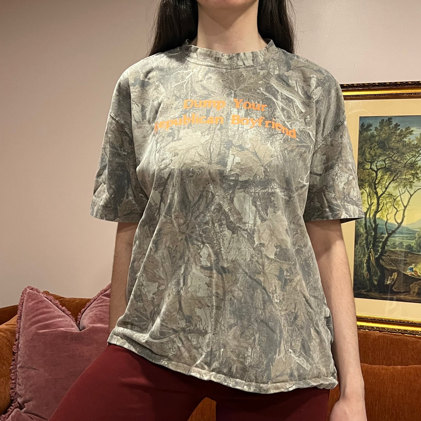 DUMP YOUR REPUBLICAN BOYFRIEND camo t-shirt with orange text (L)