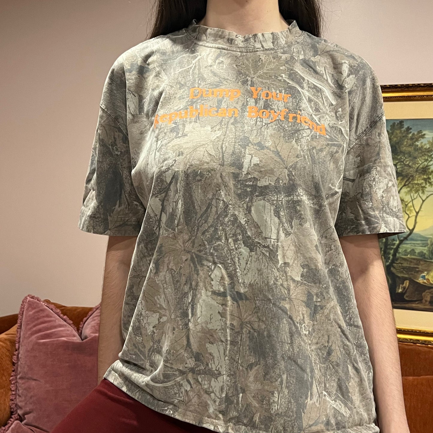 DUMP YOUR REPUBLICAN BOYFRIEND camo t-shirt with orange text (L)