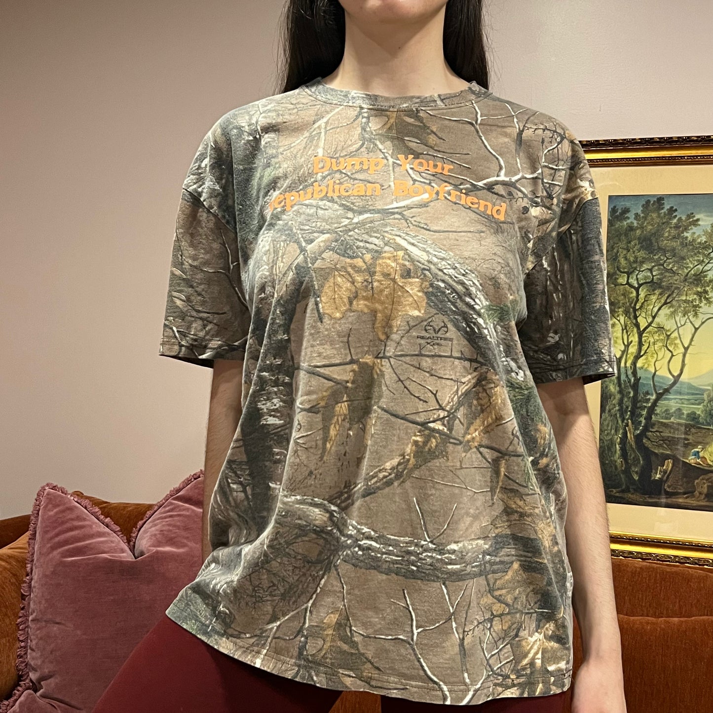 DUMP YOUR REPUBLICAN BOYFRIEND camo t-shirt with orange text (XL)