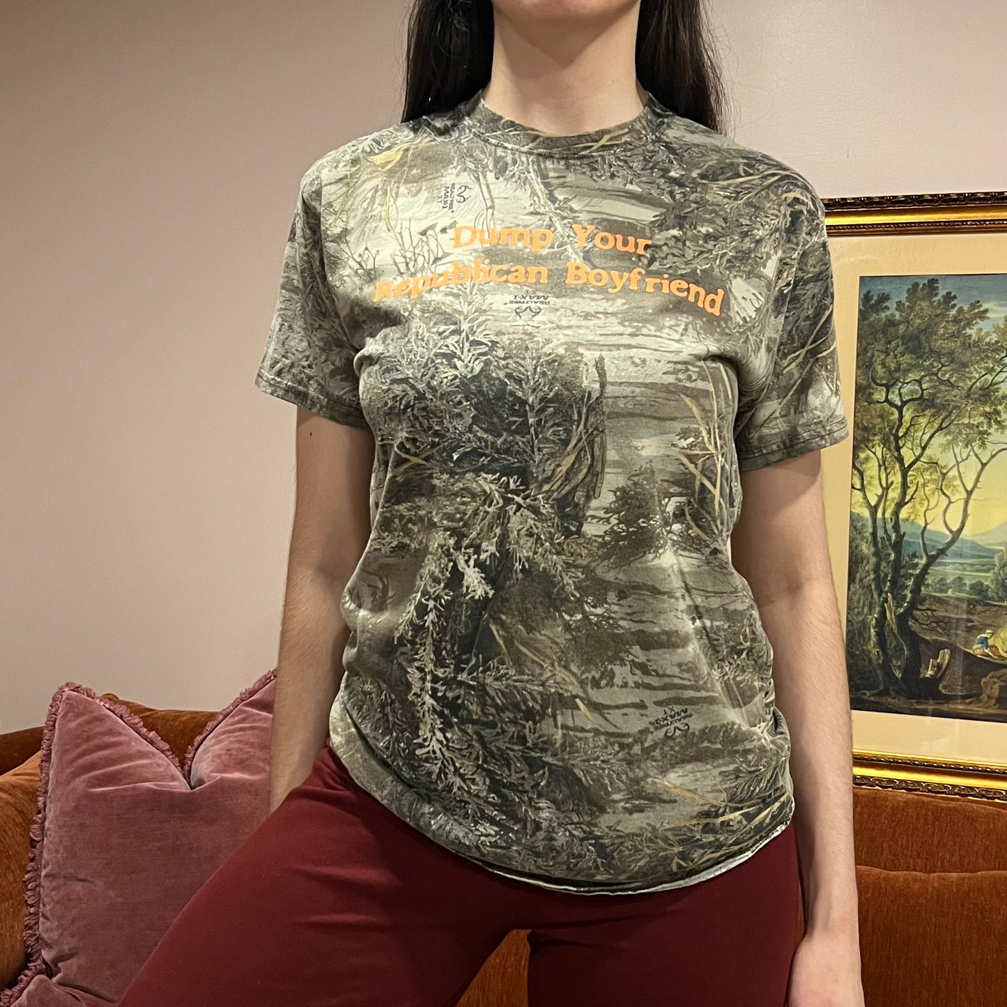 DUMP YOUR REPUBLICAN BOYFRIEND camo t-shirt with orange text (M)