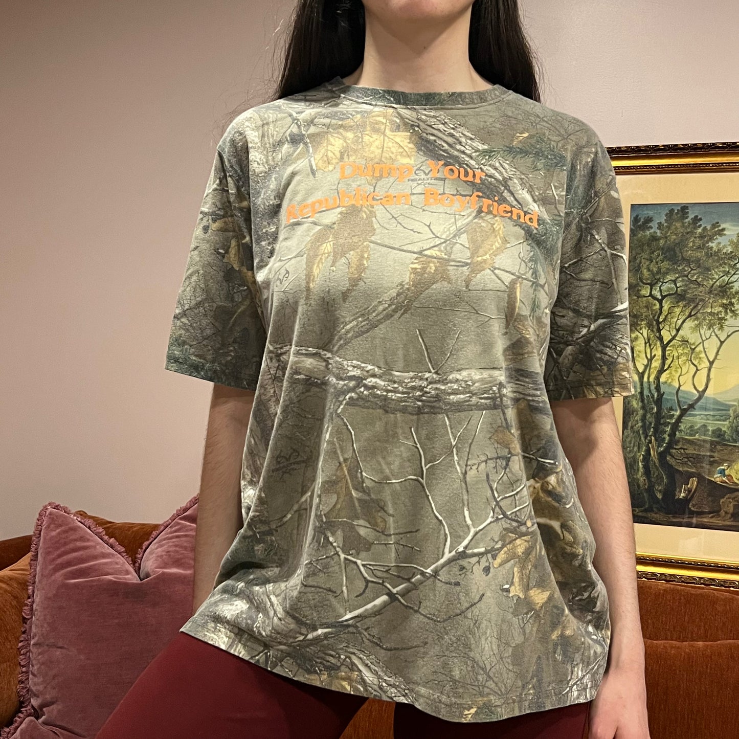 DUMP YOUR REPUBLICAN BOYFRIEND camo t-shirt with orange text (XL)