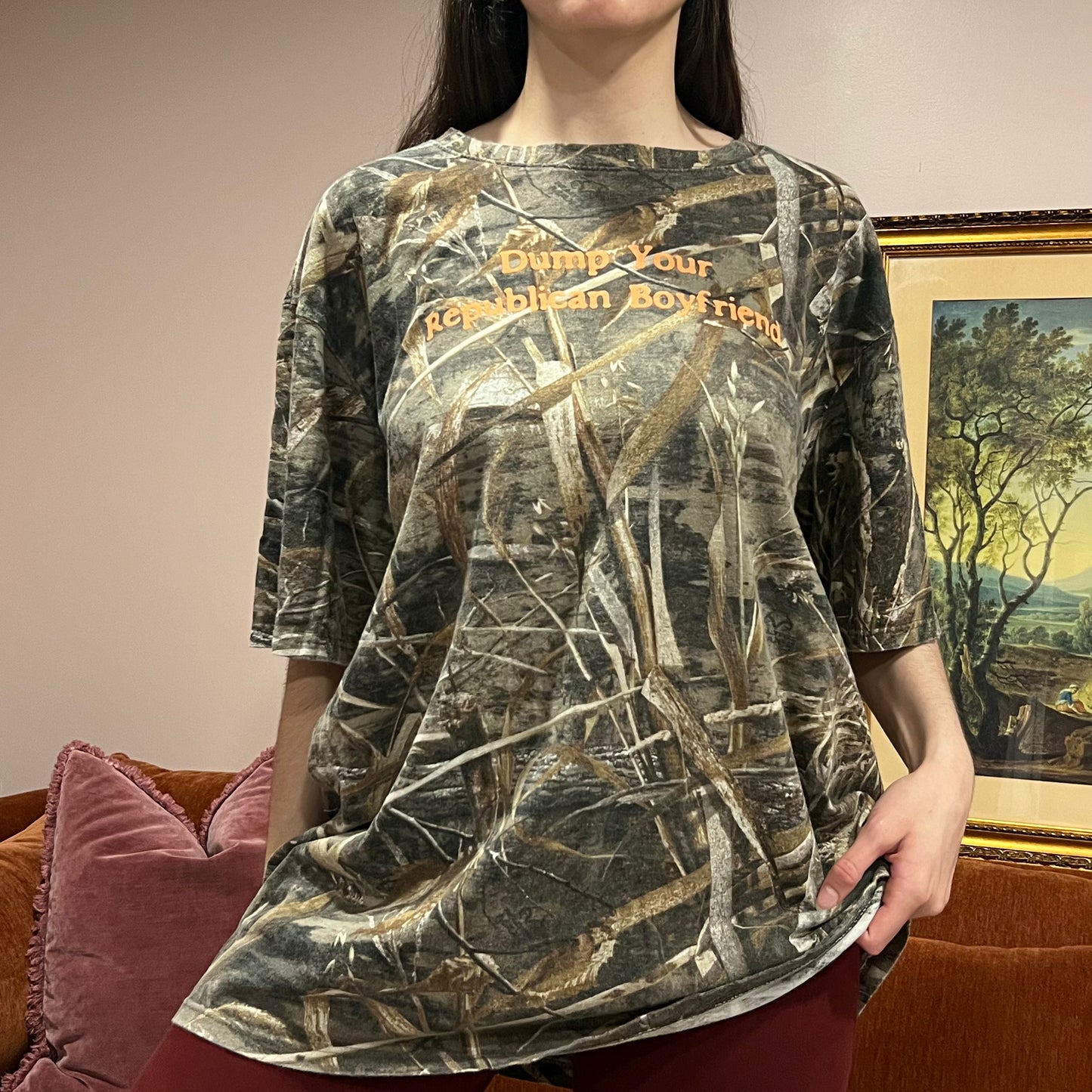 DUMP YOUR REPUBLICAN BOYFRIEND camo t-shirt with orange text (3XL)