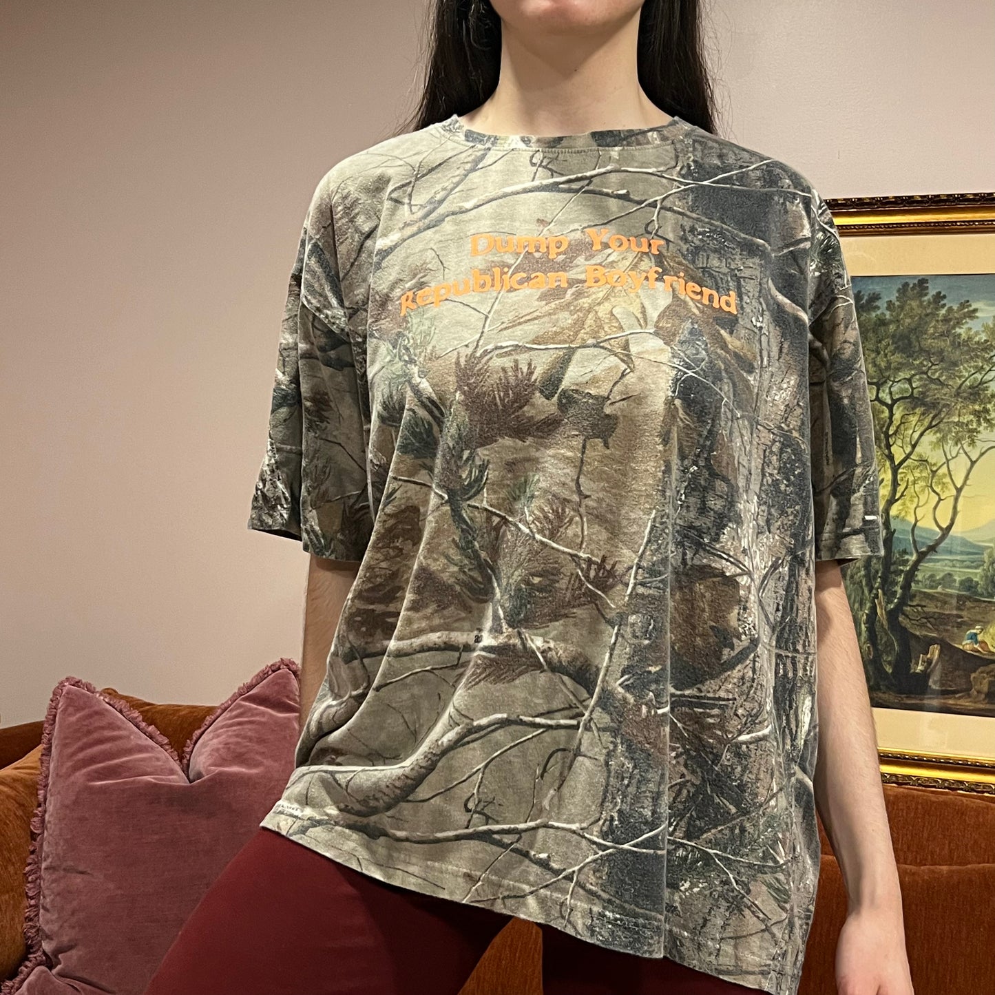 DUMP YOUR REPUBLICAN BOYFRIEND camo t-shirt with orange text (2XL)