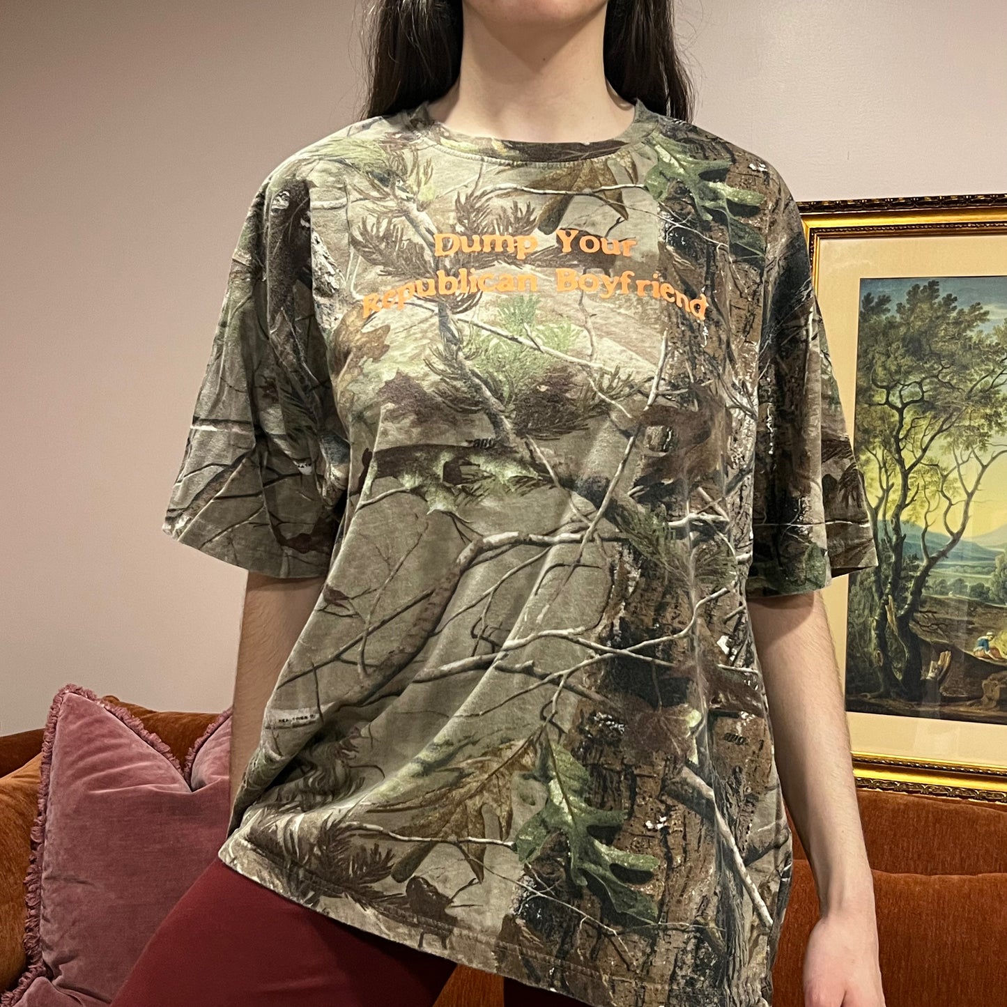 DUMP YOUR REPUBLICAN BOYFRIEND camo t-shirt with orange text (2XL)