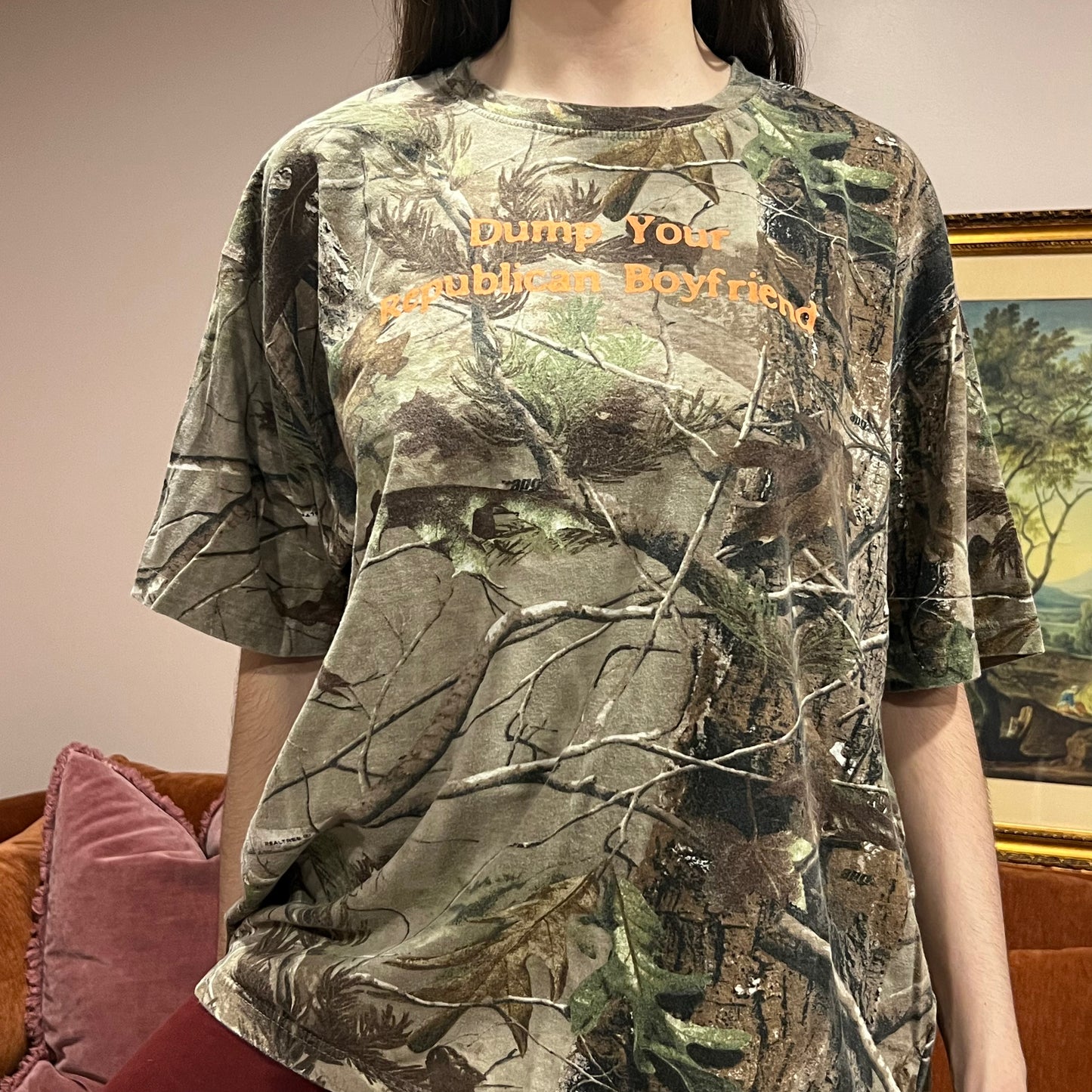 DUMP YOUR REPUBLICAN BOYFRIEND camo t-shirt with orange text (2XL)