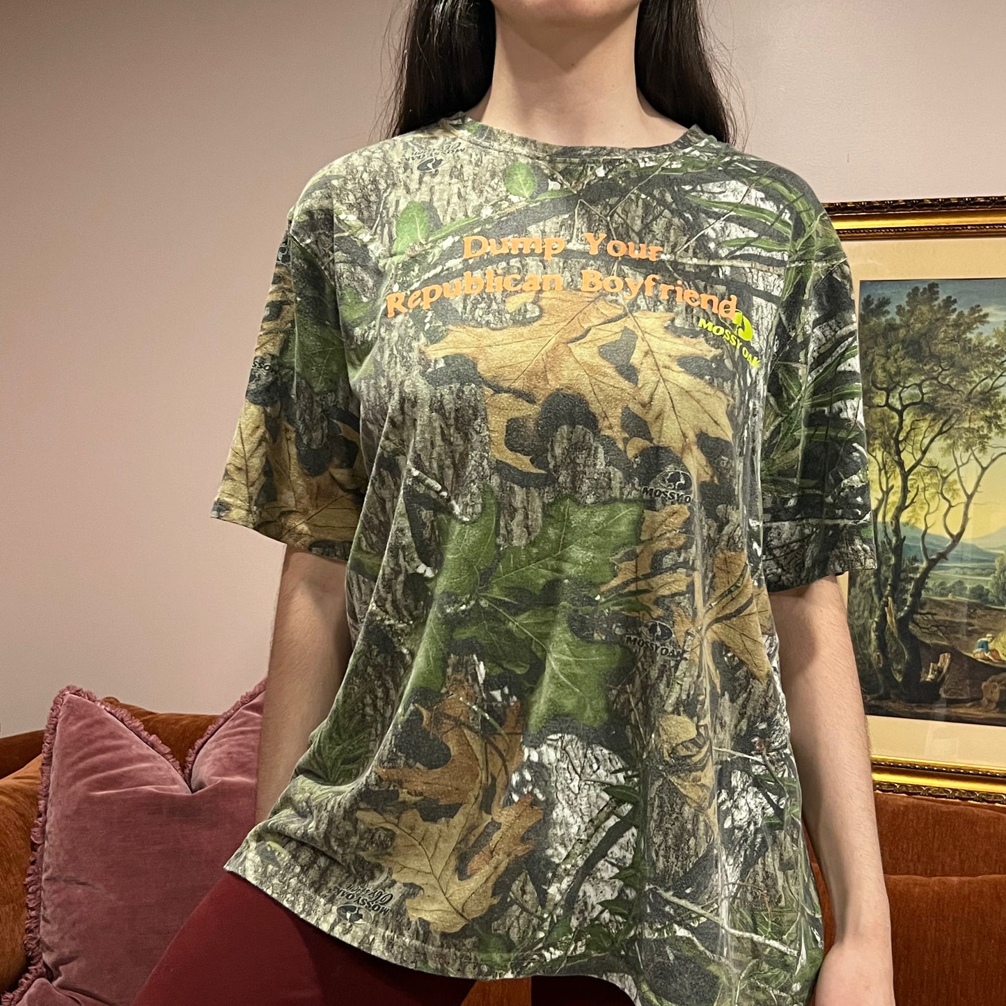 DUMP YOUR REPUBLICAN BOYFRIEND camo t-shirt with orange text (2XL)