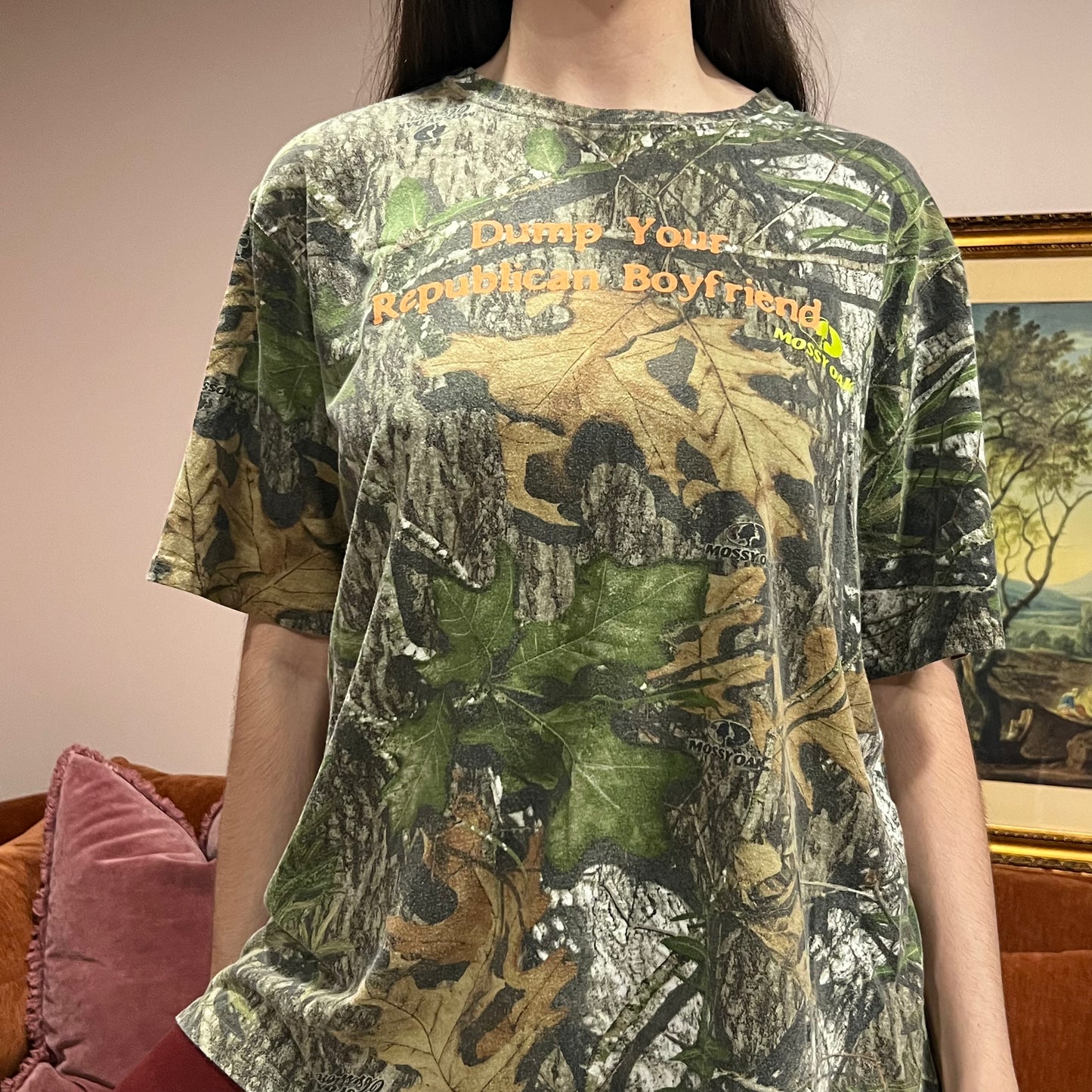 DUMP YOUR REPUBLICAN BOYFRIEND camo t-shirt with orange text (2XL)