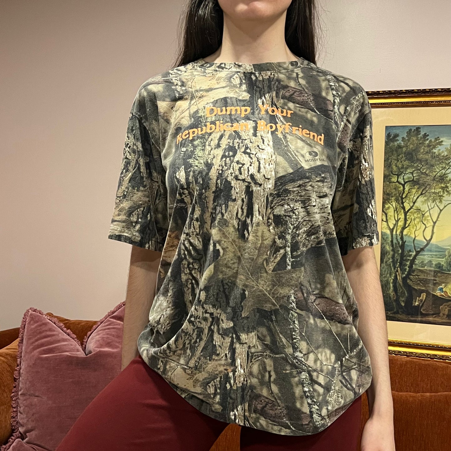 DUMP YOUR REPUBLICAN BOYFRIEND camo t-shirt with orange text (L)
