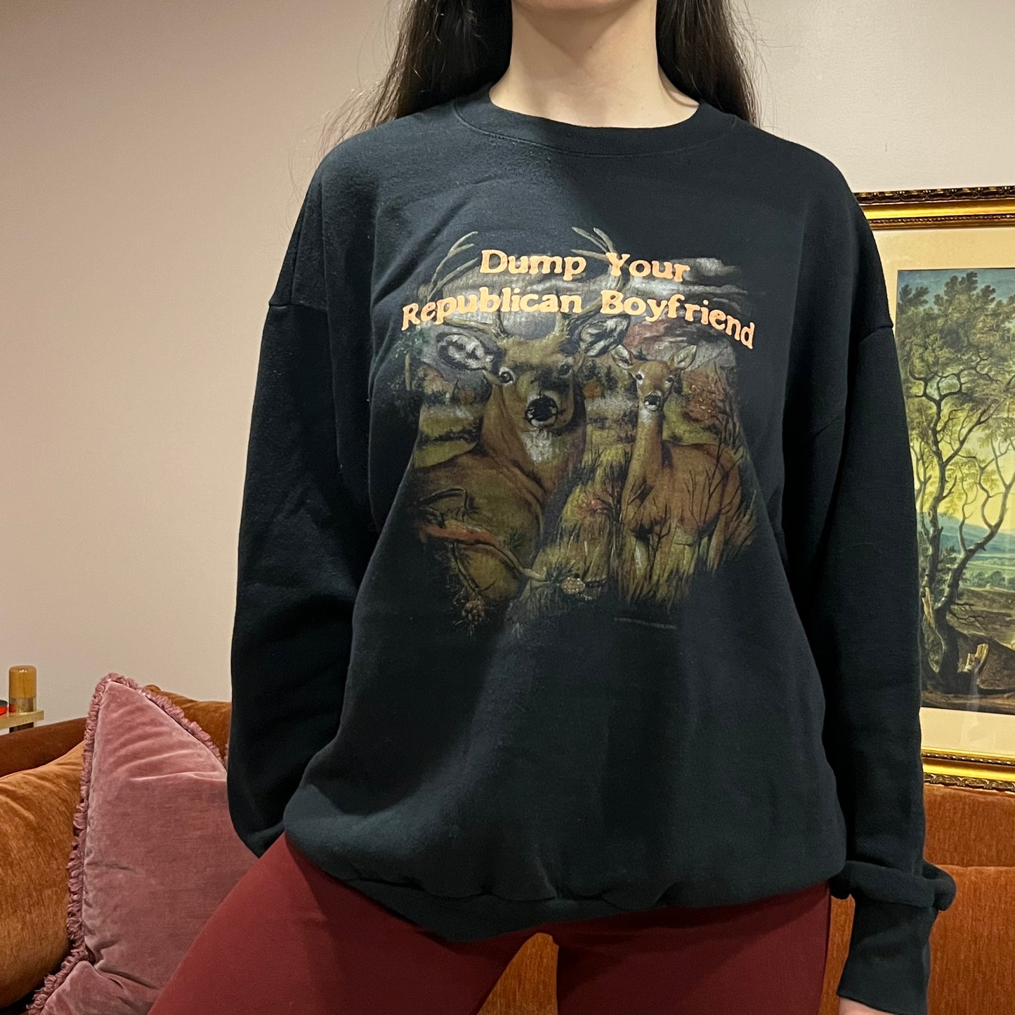 DUMP YOUR REPUBLICAN BOYFRIEND animal crewneck with orange text (XL)
