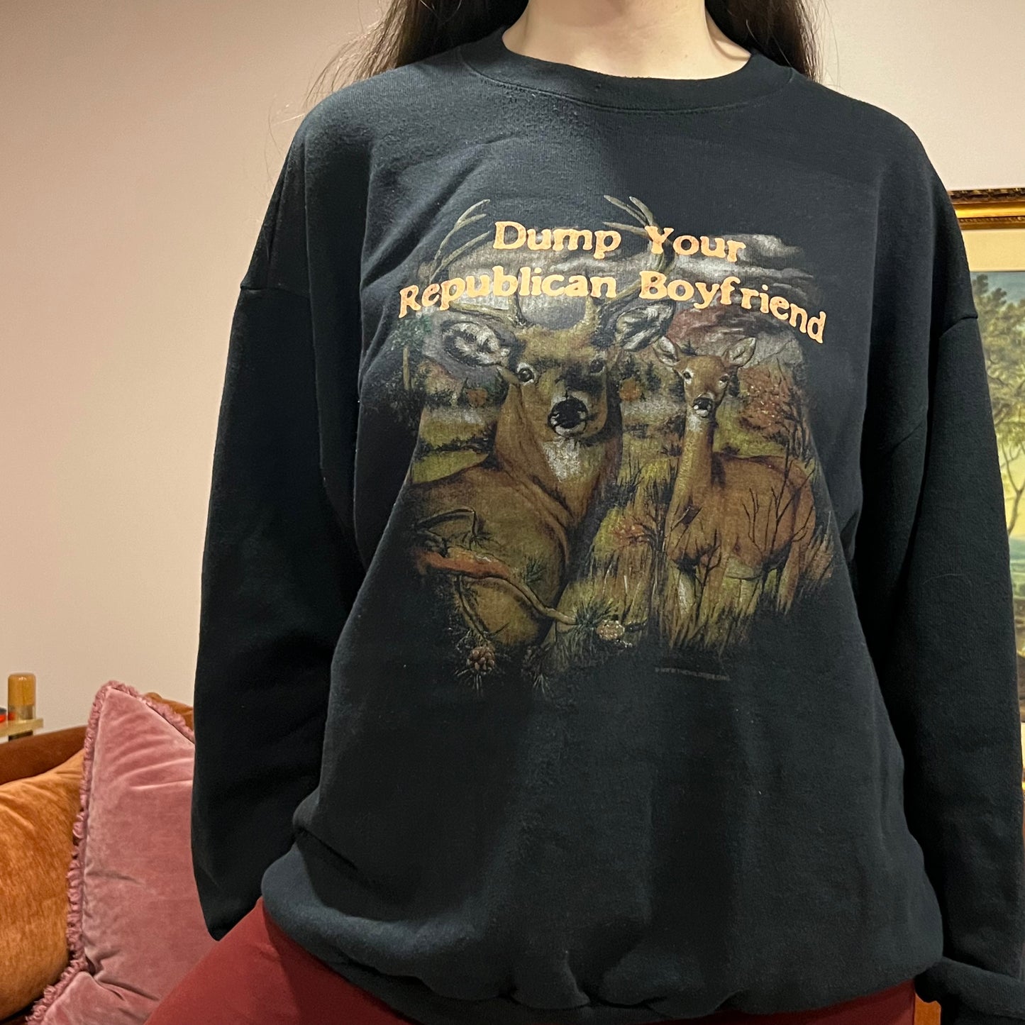 DUMP YOUR REPUBLICAN BOYFRIEND animal crewneck with orange text (XL)