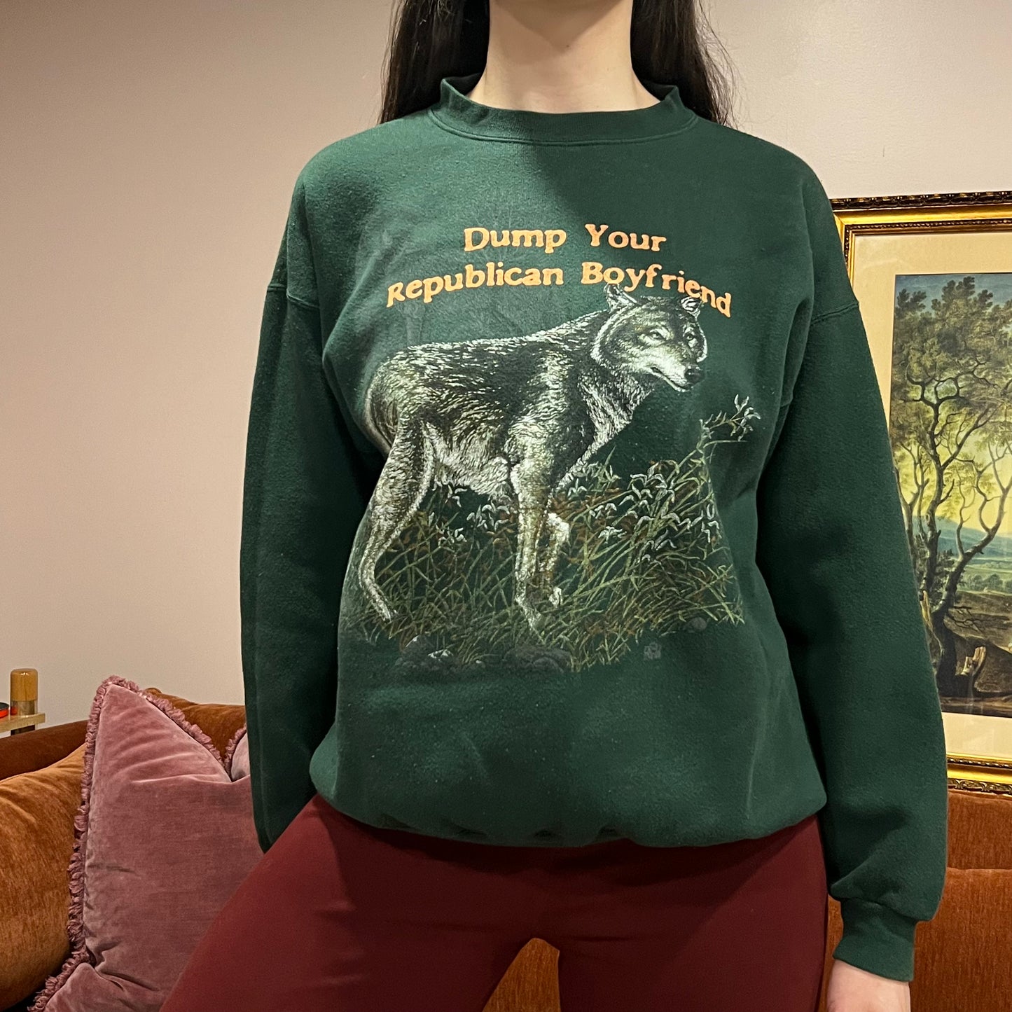 DUMP YOUR REPUBLICAN BOYFRIEND animal crewneck with orange text (L)