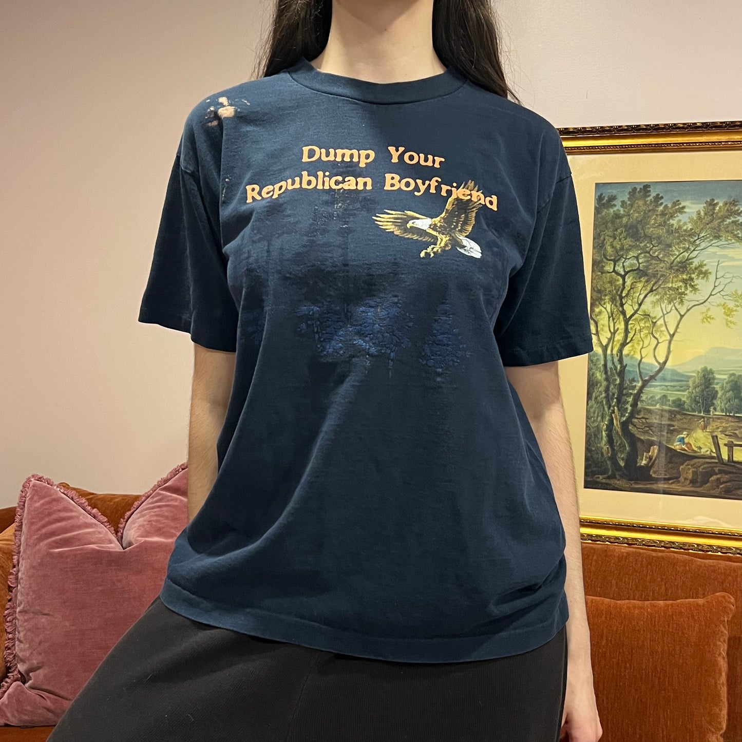 DUMP YOUR REPUBLICAN BOYFRIEND animal t-shirt with orange text (L)