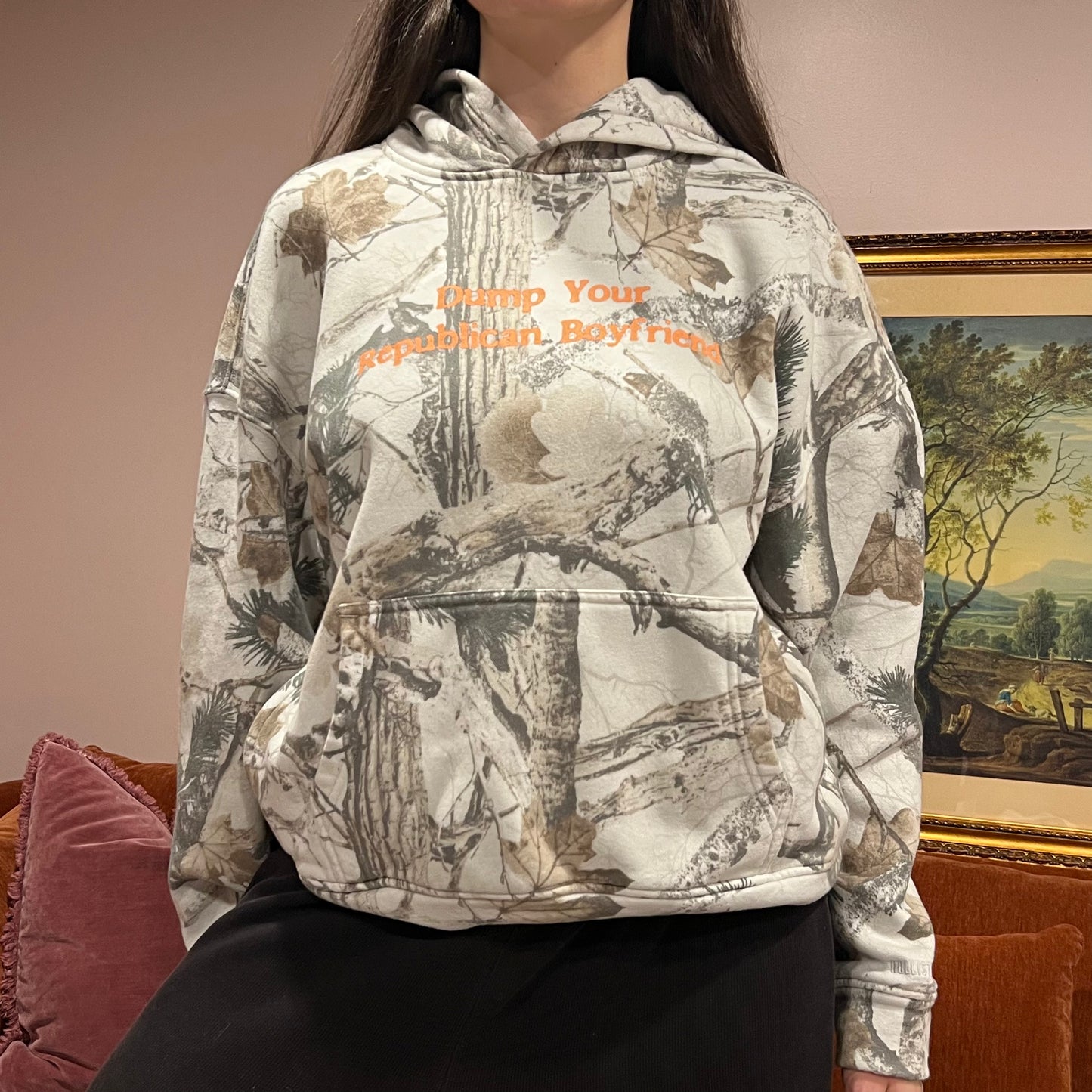 DUMP YOUR REPUBLICAN BOYFRIEND white camo hoodie with orange text (L)