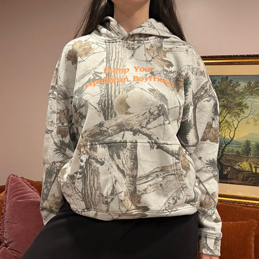 DUMP YOUR REPUBLICAN BOYFRIEND white camo hoodie with orange text (L)