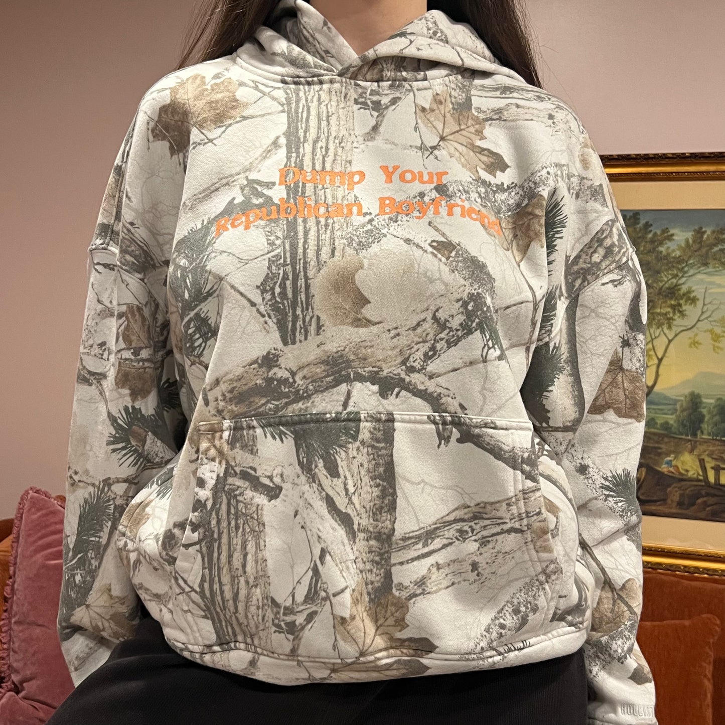 DUMP YOUR REPUBLICAN BOYFRIEND white camo hoodie with orange text (L)