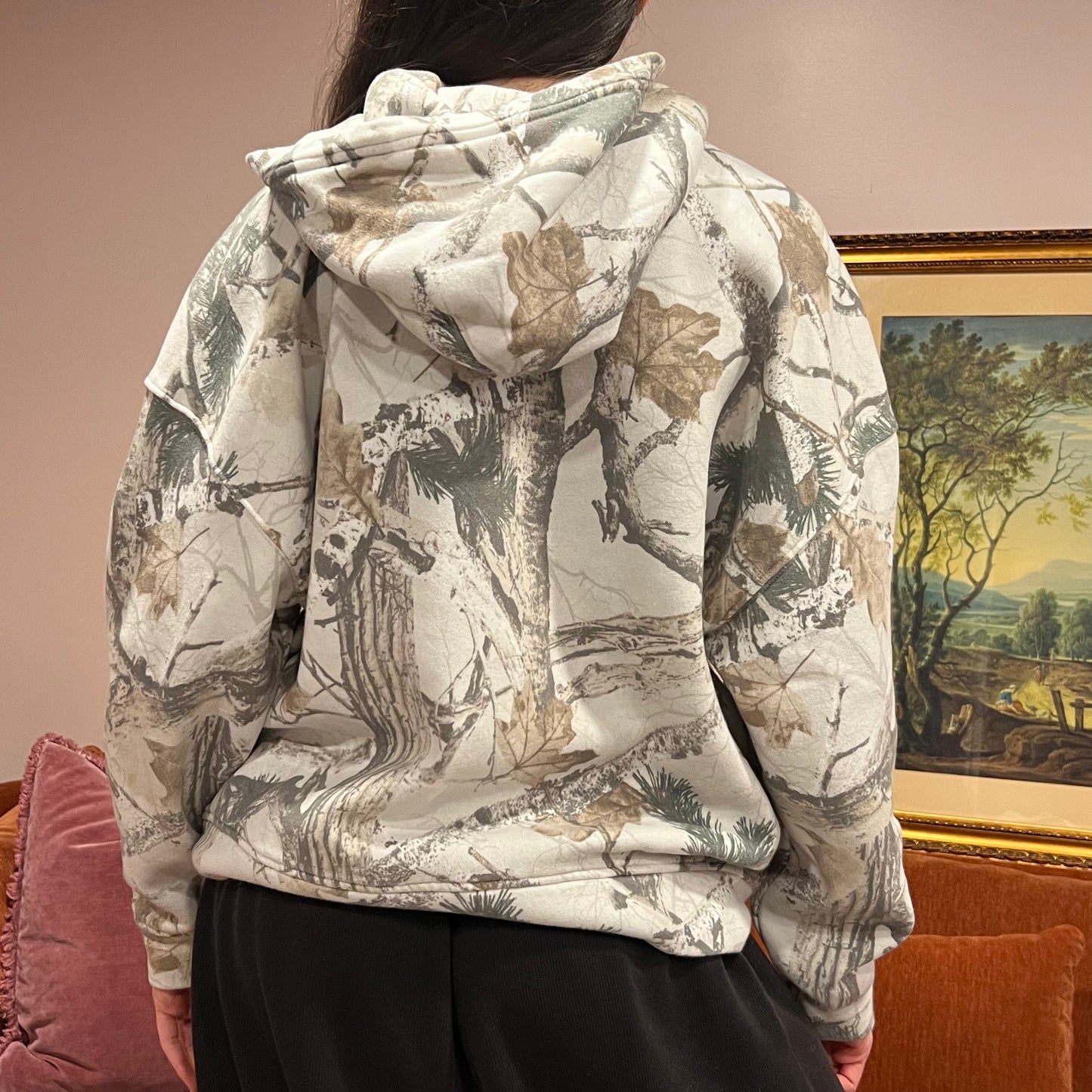DUMP YOUR REPUBLICAN BOYFRIEND white camo hoodie with orange text (L)