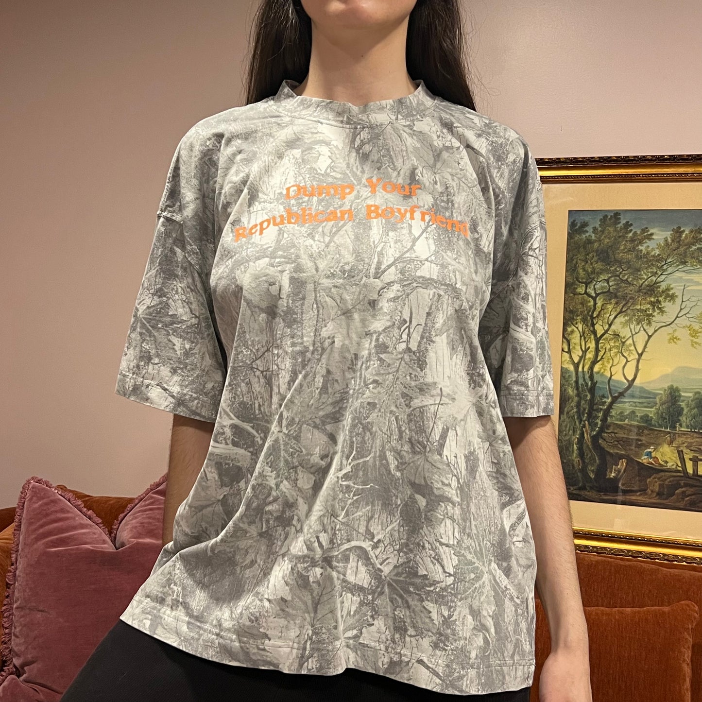 DUMP YOUR REPUBLICAN BOYFRIEND white camo t-shirt with orange text (XL)
