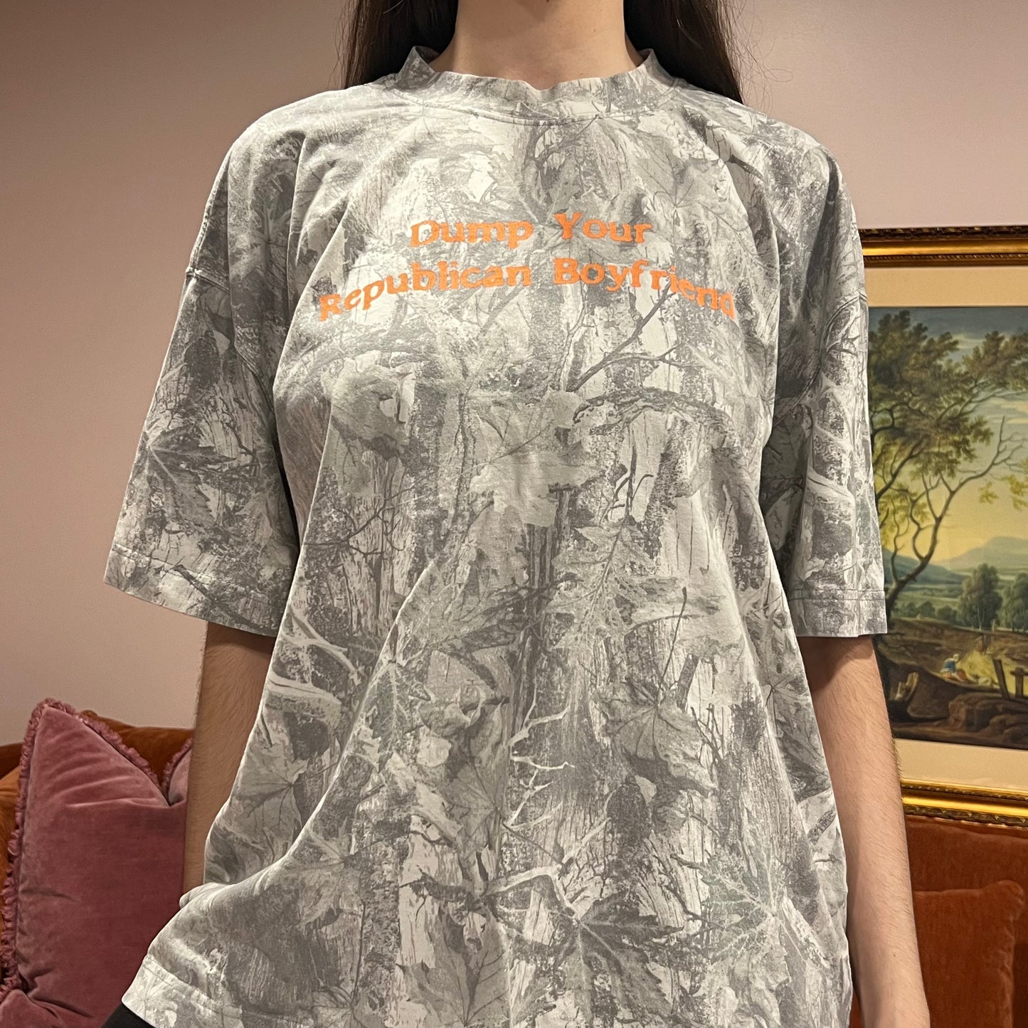 DUMP YOUR REPUBLICAN BOYFRIEND white camo t-shirt with orange text (XL)