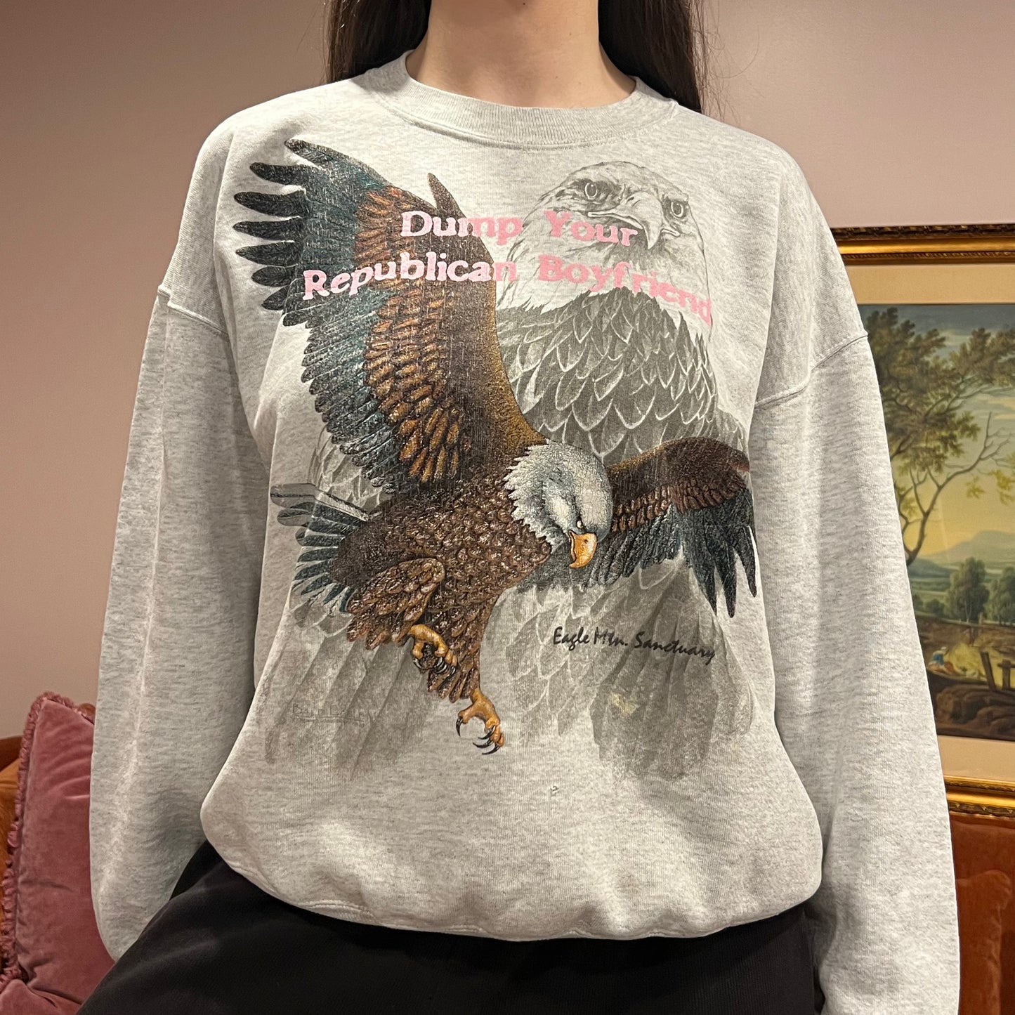 DUMP YOUR REPUBLICAN BOYFRIEND animal crewneck with pink text (XL)